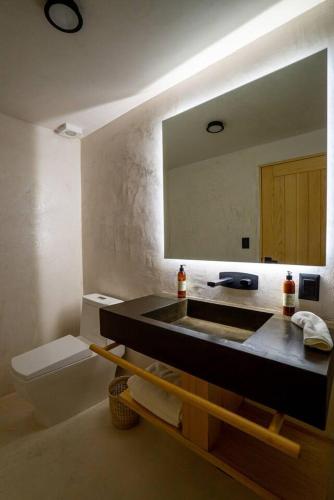 a bathroom with a sink and a toilet and a mirror at Casa Cruda Oaxaca in Oaxaca City