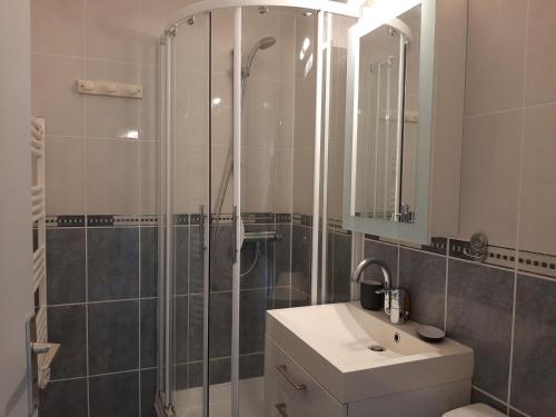 uma casa de banho com um chuveiro e um lavatório. em Appartement Seignosse, 2 pièces, 4 personnes - FR-1-239-999 em Seignosse