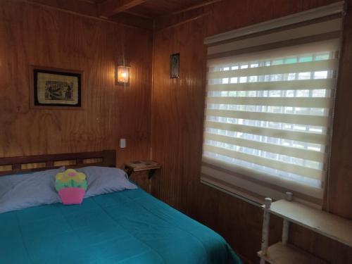 ein Schlafzimmer mit einem Bett mit Topfpflanze darauf in der Unterkunft Mini Loft in El Quisco