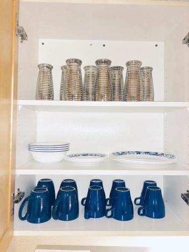 a shelf filled with blue dishes and plates at Emerald City Studio Suite in Eugene