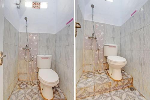 a bathroom with two toilets and a shower at Capital O 92929 Hotel New Tirta Kencana Syariah in Tegal