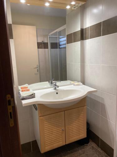 ein Bad mit einem Waschbecken und einem Spiegel in der Unterkunft Michelle’s flat by the Sea in Noumea