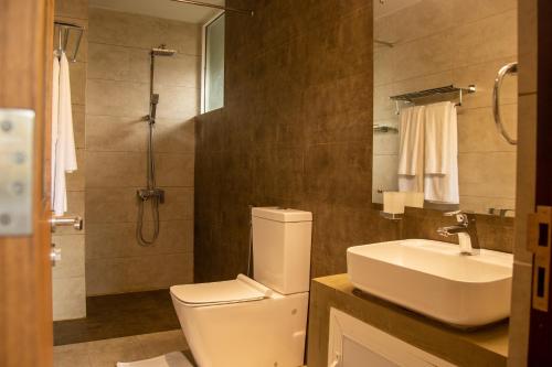 uma casa de banho com um WC, um lavatório e um chuveiro em Kurumbunkz em Kandy