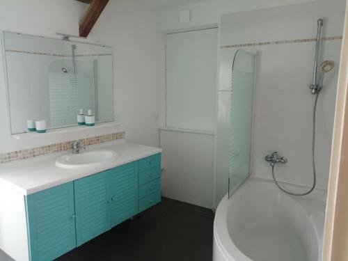 Un baño con lavabo, ducha e inodoro. en maison pleine de charme, en Saint-Étienne-de-Mer-Morte