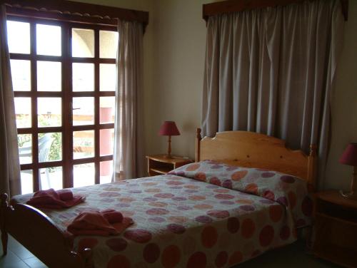 a bedroom with a bed and a large window at Pelekanos Apartments in Pissouri