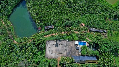 an aerial view of a house in the middle of a forest at Leisure Homestay - Pool, Boating, Zipline, Home Food, Estate in Chikmagalūr