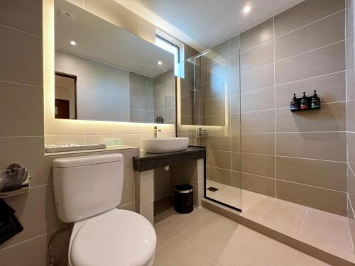 a bathroom with a toilet and a sink and a mirror at The Borneo Hotel in Kuching