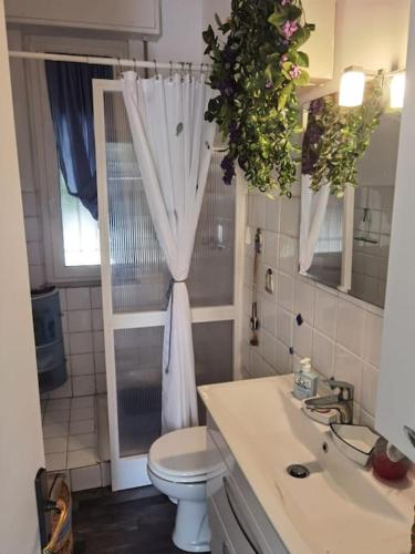 a bathroom with a toilet and a sink and a window at La piccola oasi tra sole e mare in Ceriale