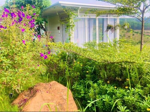 a garden with purple flowers in front of a house at Nacasoo hill in Tiên Hai