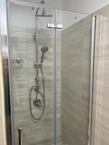 una doccia con porta in vetro in bagno di I TRAMONTI a Palmi