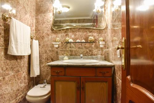een badkamer met een wastafel, een spiegel en een toilet bij Apartamento Santa cruz in Sevilla