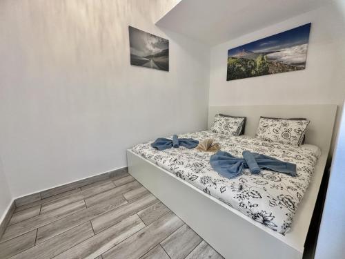 una camera da letto con un letto con fiocchi blu di Playa Ajabo Beachfront Apartment a Callao Salvaje