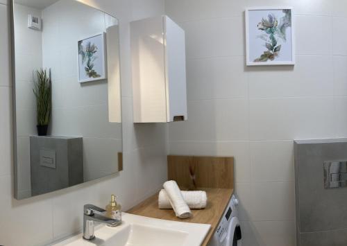 W łazience znajduje się umywalka i lustro. w obiekcie Apartament studio Perła 2 w mieście Lublin