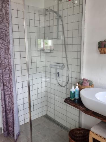 a bathroom with a shower and a sink at Under Regnbuen, dit fristed på Hærvejen in Them