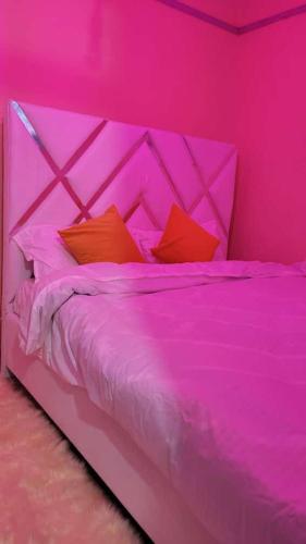 ein rosafarbenes Schlafzimmer mit einem Bett mit zwei roten Kissen in der Unterkunft Shamir trm studio in Nairobi