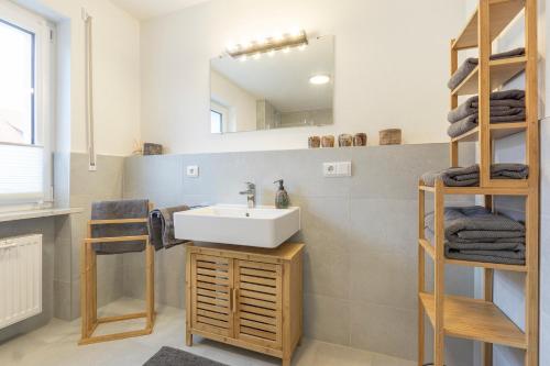 拜爾恩格里斯的住宿－Ferienwohnung Am Sulzpark，一间带水槽和镜子的浴室