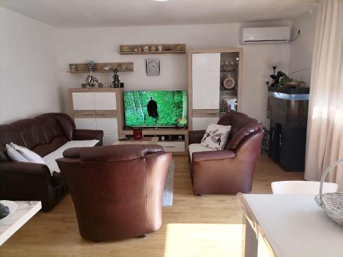 a living room with leather furniture and a large screen tv at Airport Apartment in Surčin