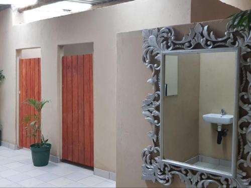 a mirror in a bathroom with two doors and a sink at Gibaland in Pinetown