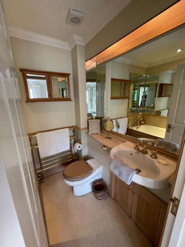 une salle de bain avec toilettes, lavabo et miroir dans l'établissement Circus Mews Townhouse:2 Beds:2 En-suite Baths:Parking:City Centre:Quiet Area, à Bath