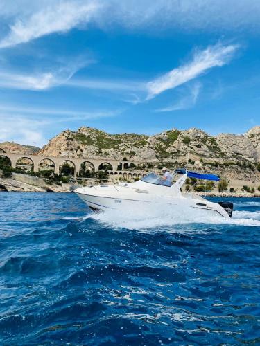 un bateau blanc dans l'eau avec un pont en arrière-plan dans l'établissement BATEAU Le BER'AMAR L'ESTAQUE, à Marseille