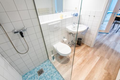 a bathroom with a toilet and a sink at Steger-Hüs Wohnung 10 in Rantum
