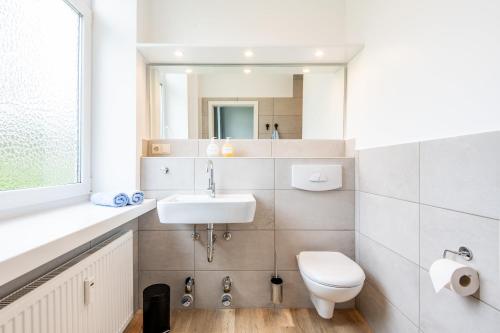 a bathroom with a sink and a toilet and a mirror at Steger-Hüs Wohnung 07 in Rantum