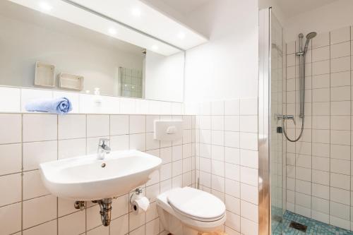 a bathroom with a sink and a toilet and a mirror at Steger-Hüs Wohnung 13 in Rantum
