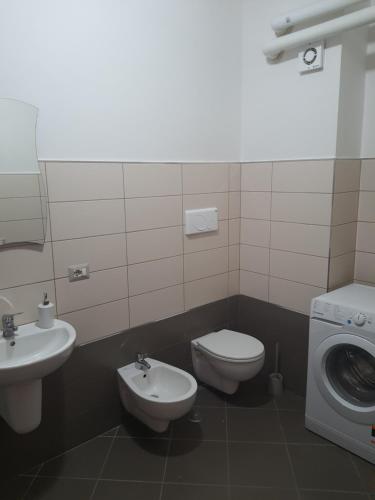 Casa Sofì في Zagarolo: حمام مع مرحاض ومغسلة وغسالة