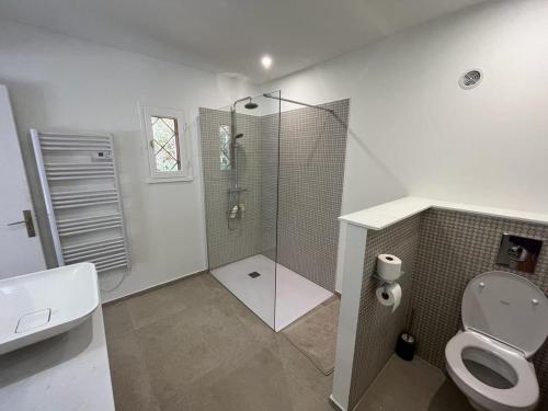 une salle de bain avec une douche, des toilettes et un lavabo dans l'établissement Grande propriété avec Piscine et Terrain de tennis privés, aux Lecques