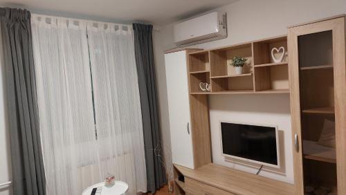 a living room with a large window and a television at Apartment D&L in Plitvička Jezera