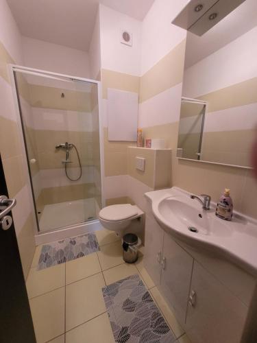 a bathroom with a sink and a shower and a toilet at Apartmán IRIS Podhájska in Podhájska