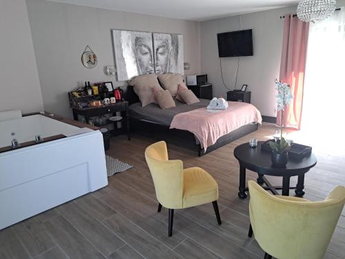 1 dormitorio con 1 cama, mesa y sillas en Domaine l'Orée du Marais, en Le Barp