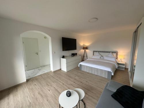 um quarto com uma cama, uma televisão e um sofá em Modernes Apartment mit 180° Bergblick em Buchenberg