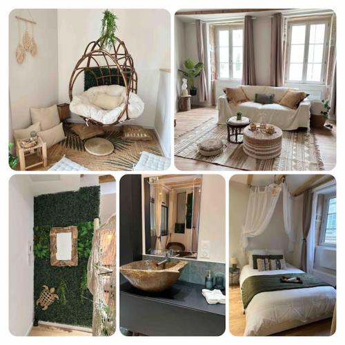a collage of four pictures of a living room at LE NOUMÉA, T2, Hyper-centre, Square de la Paix in Mâcon