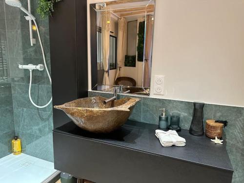 a bathroom with a bowl sink and a mirror at LE NOUMÉA, T2, Hyper-centre, Square de la Paix in Mâcon