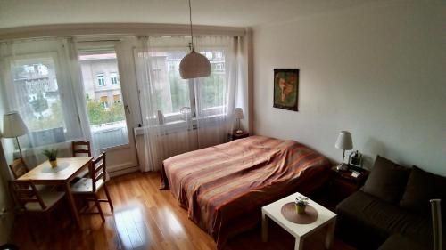 1 dormitorio con cama, mesa y sofá en Buda Downtown Apartment en Budapest