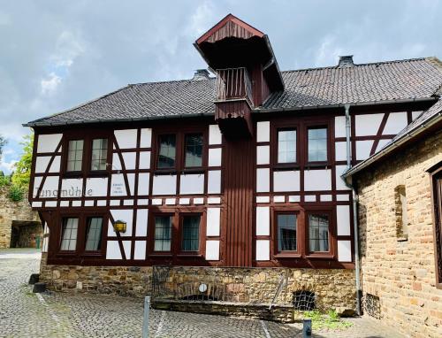 巴特明斯特艾弗爾的住宿－die Jungmühle，一座棕色和白色的建筑,塔楼