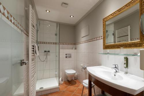 a bathroom with a shower and a sink and a toilet at Hotel Goldene Sonne in Landshut