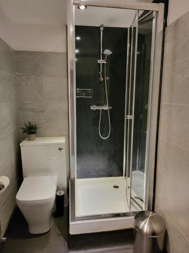 a bathroom with a shower and a toilet at Harrogate Lifestyle Luxury Serviced ApartHotel in Harrogate