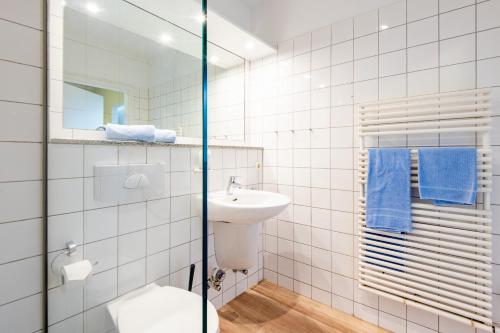 a bathroom with a sink and a toilet and a mirror at Steger-Hüs Wohnung 25 in Rantum