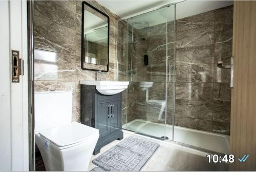 a bathroom with a toilet and a sink and a shower at Cruise Cruise Cribs - BERESFORD in Stoke on Trent
