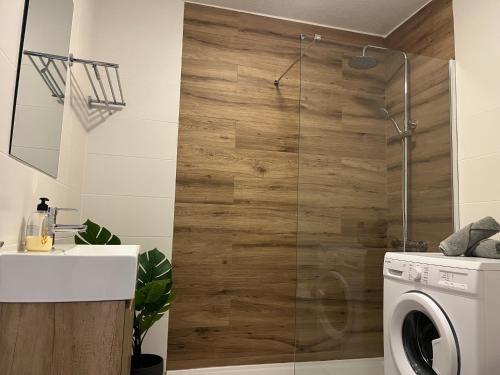 ein Badezimmer mit Dusche und Waschmaschine in der Unterkunft Casa Balcon del Mar 2 in Costa Del Silencio