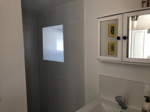 W białej łazience znajduje się umywalka i lustro. w obiekcie Gîte des Tournesols w mieście Oradour-Fanais