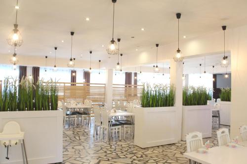 um restaurante com mesas e cadeiras e vasos de plantas em Hotel Miłosz Restauracja, Basen dla dzieci, Sala Zabaw, Siłownia em Kartuzy