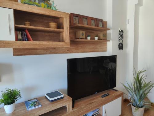 a living room with a flat screen tv and wooden shelves at Acogedor apartamento en Boiro in Boiro