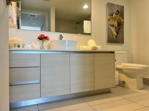 ein Bad mit einem Waschbecken und einem WC in der Unterkunft King bed kitchen and dining area Apmt in Miami in Hallandale Beach