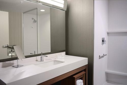 a bathroom with a sink and a large mirror at Courtyard by Marriott Dallas Plano/The Colony in The Colony