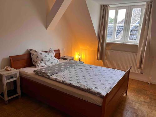 a bedroom with a large bed with a window at Wohnen im idyllischen Schlosshof in Franken in Ebern