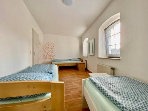 Harra的住宿－Wanderurlaub mit Hund，一间卧室设有两张双层床和一扇窗户。