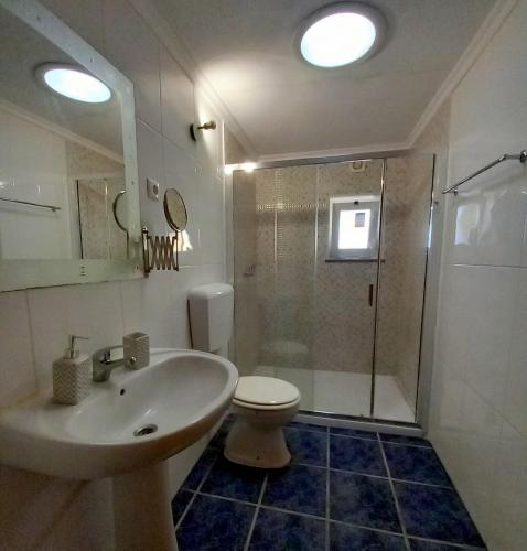 a bathroom with a sink and a toilet and a shower at Casa da Quiana in Digueifel